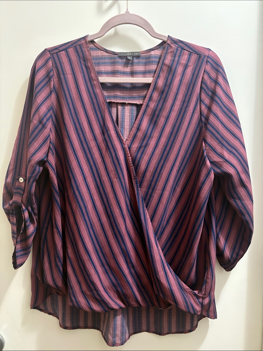 Striped Pink and Navy Faux-Wrap Blouse